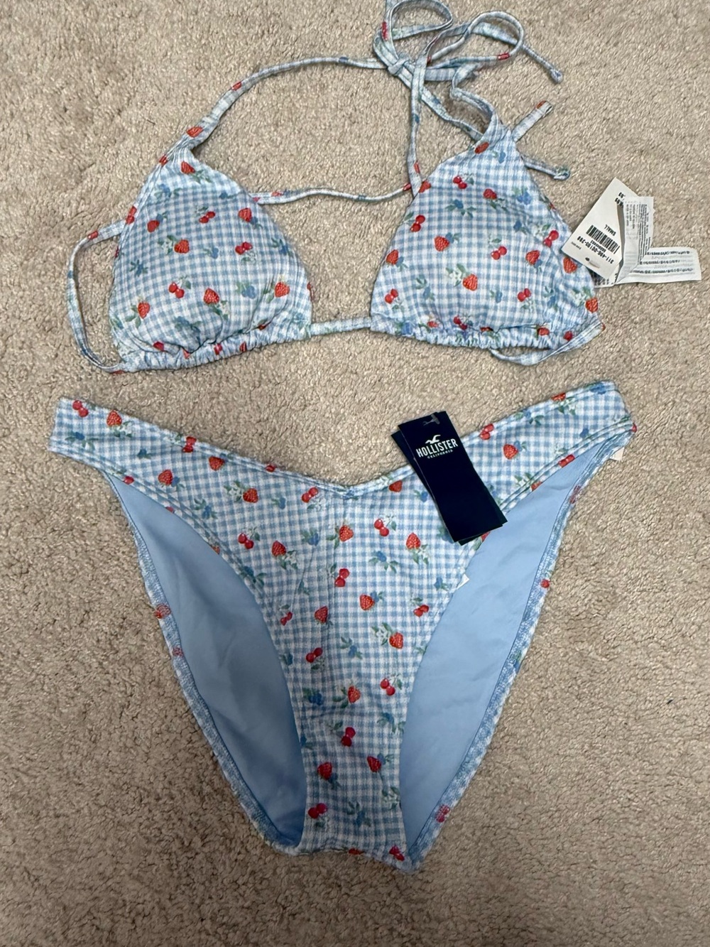 aerie Light Blue Gingham Bikini with Strawberry Print